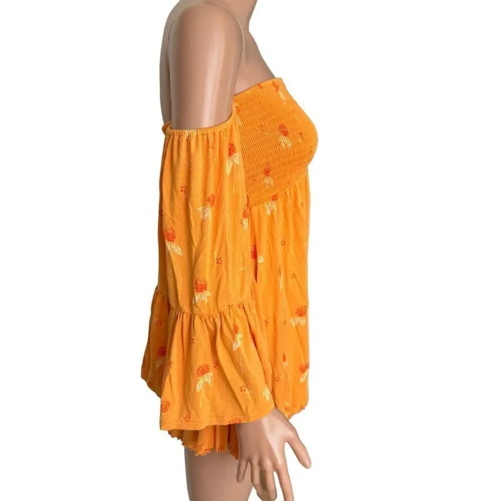 Free People Womens Lana Orange Floral Smocked Blouse Top size S